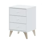 Mobile moderno comodino a 3 cassetti 40x33,5xH56 cm bianco completo di piedini marroni CMP123