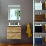 Arredo bagno sospeso modello "Naomi" disponibile in due dimensioni e a scelta tra 5 finiture 2 cassetti con lavandino e specchiera