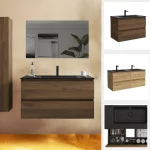 Arredo bagno Naomi3 disponibile in 4 misure rovere o noce con lavandino nero specchiera inclusa