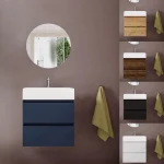 Arredo bagno sospeso modello "Ariete" in due dimensioni con 2 cassetti top lavandino e specchiera inclusi