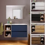 Arredo bagno modello "Ariel2" in due dimensioni con lavandino dx o sx, cassetti, vani a giorno e specchiera