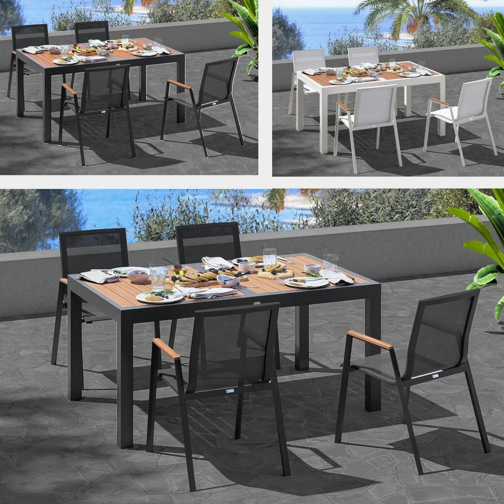 1 Arredo da esterno tavolo allungabile 160/240 cm con top effetto legno 4 sedie incluse TV053