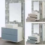 Arredo Bagno sospeso modello "Wild" da 90x46 cm in 2 finiture completo di 2 cassetti lavandino e specchiera compresa