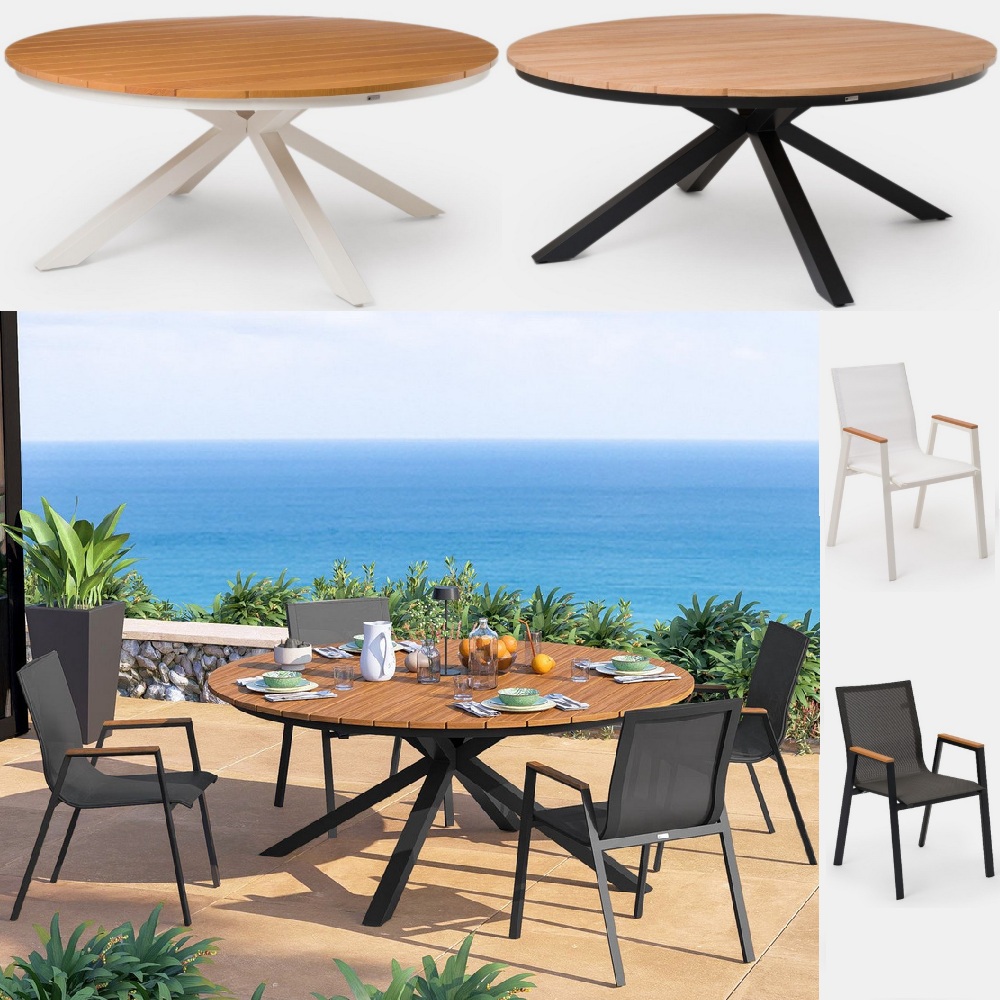 1 Outdoor furniture, round table, 120 or 140 cm, 4 seats, with wood-effect top, 4 chairs included, TV060