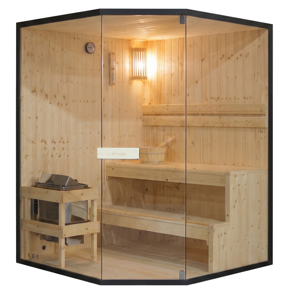 1 Sauna finlandese 2-3 posti 150x150 cm angolare con stufa Harvia SA110