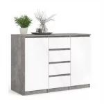 Arredo credenza da 121x50xH90 cm con 2 ante e 4 cassetti bianco e cemento CMP098