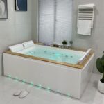 Vasca idromassaggio 50 getti 190x130 cm con cascata led cromoterapia riscaldatore e top in legno VA167