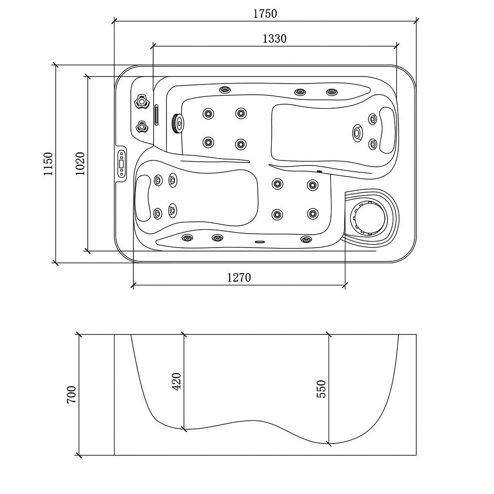 2 Minispa idromassaggio 21 getti 175x115 cm 2 posti con led cromoterapia e riscaldatore MI073