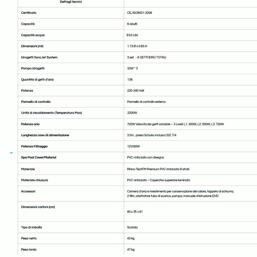 3 Minispa idromassaggio 6 posti rotonda 173 cm con 144 getti cromoterapia riscaldatore wi-fi MI077