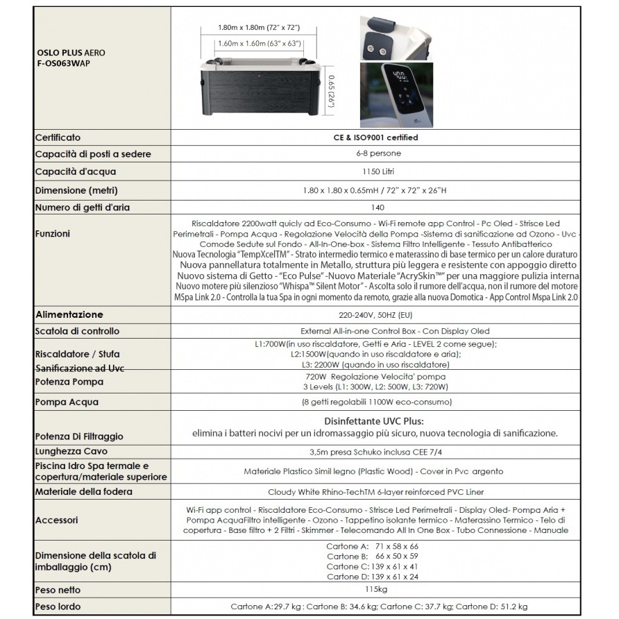 4 Minispa idromassaggio 148 getti 180x180 cm 8 posti led cromoterapia riscaldatore copertura inclusa MI074