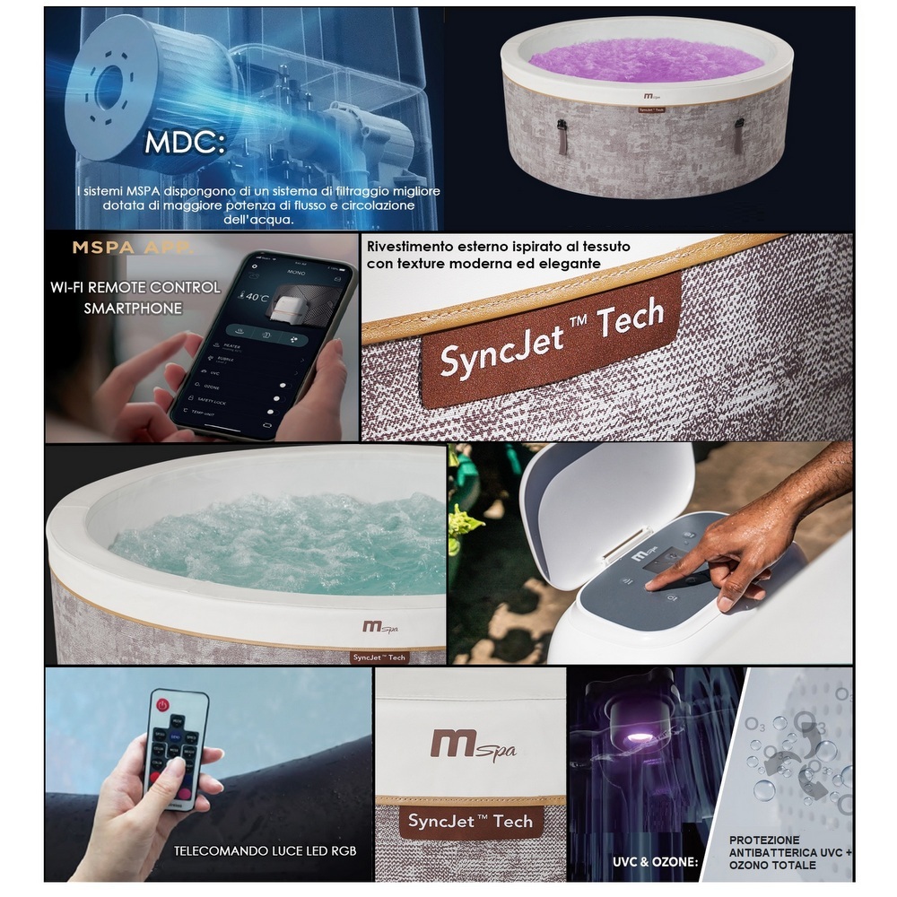 9 Minispa idromassaggio effetto textile rotonda 180 cm 136 getti cromoterapia e riscaldatore MI076