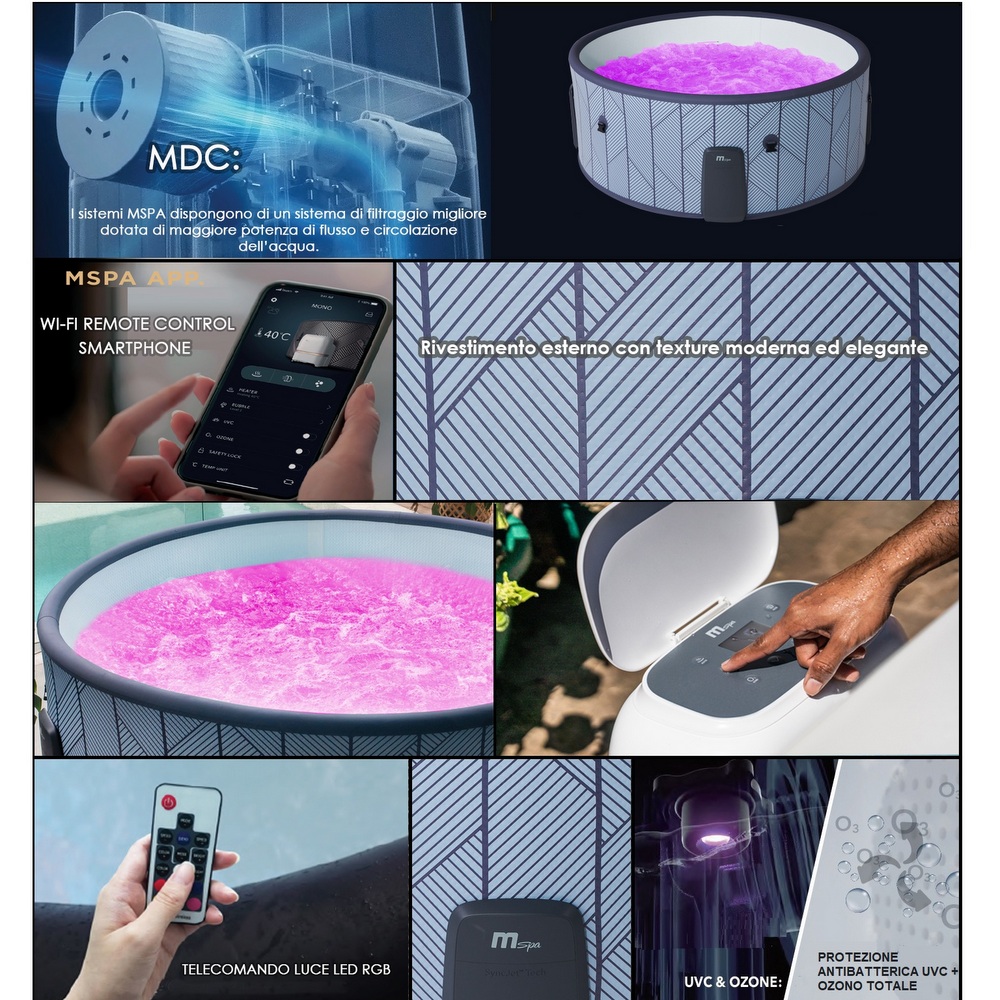 9 Minispa idromassaggio 6 posti rotonda 173 cm con 144 getti cromoterapia riscaldatore wi-fi MI077