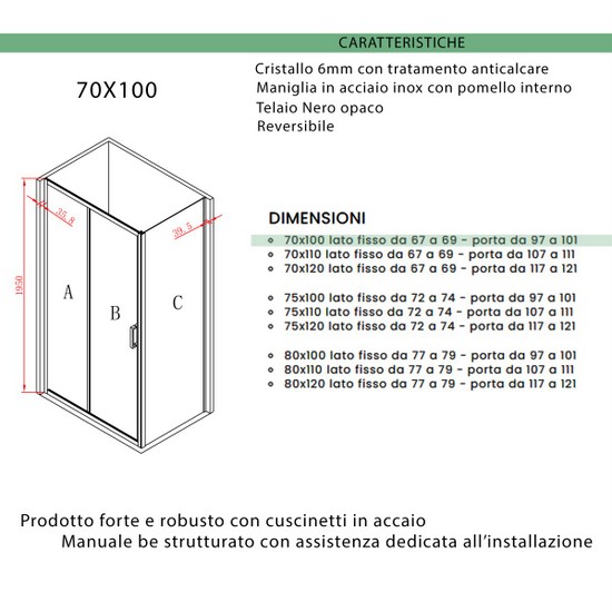 Box Doccia Scorrevole Cristallo 6 mm Trattamento Anticalcare Altezza 200 cm  Profilo Nero art. OS83 - Vendita Online ItaliaBoxDoccia