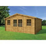Casetta da esterno misura 500x400 cm realizzata in legno di abete con doppia porta e due finestre CL028