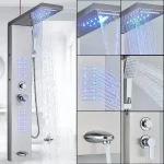 Colonna doccia idromassaggio Led multifunzione da 121x20 cm realizzata in acciaio inox MD017