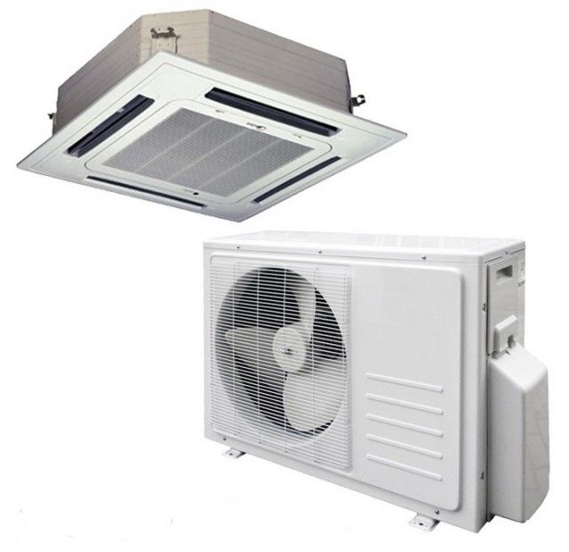Single-phase or three-phase on-off inverter air conditioner from 9000 to 60000 BTU. Recessed ceiling installation