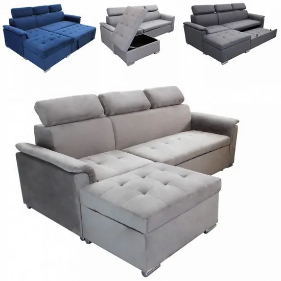 Divano letto in tessuto modello Harry da 234 cm disponibile in 4 finiture  con pouf contenitore