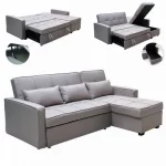 Divano letto contenitore modello "Snow" realizzato in tessuto grigio 208 cm con penisola