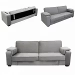 Divano letto contenitore modello "Dorian" da 228x111 cm con rivestimento in tessuto tortora o grigio chiaro e schienale reclinabile