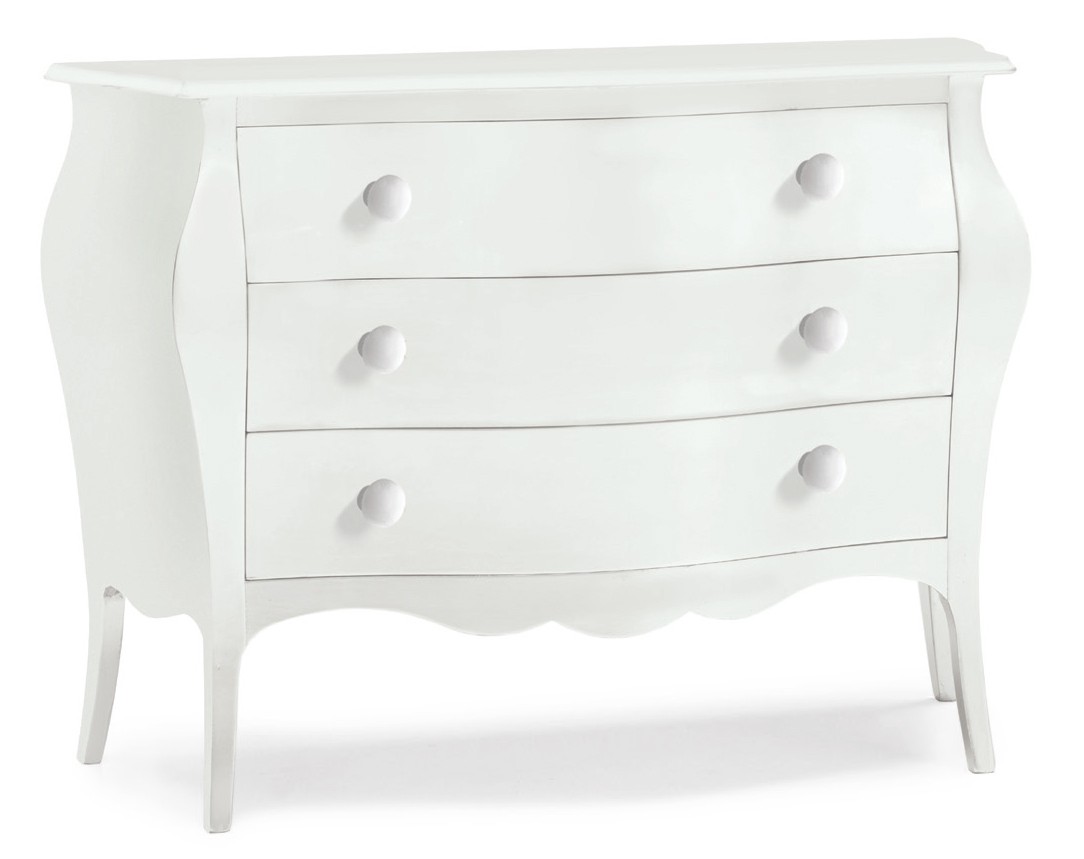 Gioia Furniture 3-drawer rounded dresser in matte white, silver and gold available in various models and sizes classic style