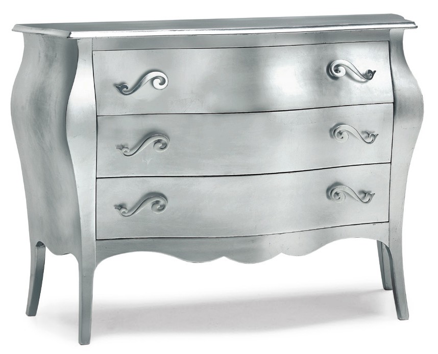 Gioia Furniture 3-drawer rounded dresser in matte white, silver and gold available in various models and sizes classic style