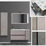 Arredo bagno sospeso modello "Russell" da 92x48 o 111x48 cm con  cassetti e anta in due finiture lavabo e specchiera compresi