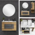 Arredo bagno con lavabo da 80 o 100 cm 2 cassetti 1 anta rovere maniglia effetto pietra modello "Umbrian"