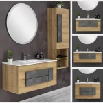 Arredo bagno installazione sospesa modello "Umbrian" da 80 o 100 cm cassetti e ante rovere con maniglia effetto pietra