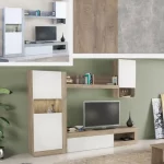 Arredo porta tv modello "Romeo" parete attrezzata rovere o cemento con ante bianche