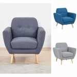 Poltrona modello  "Taylor" realizzata in tessuto blu o grigio chiaro o grigio scuro e gambe effetto legno