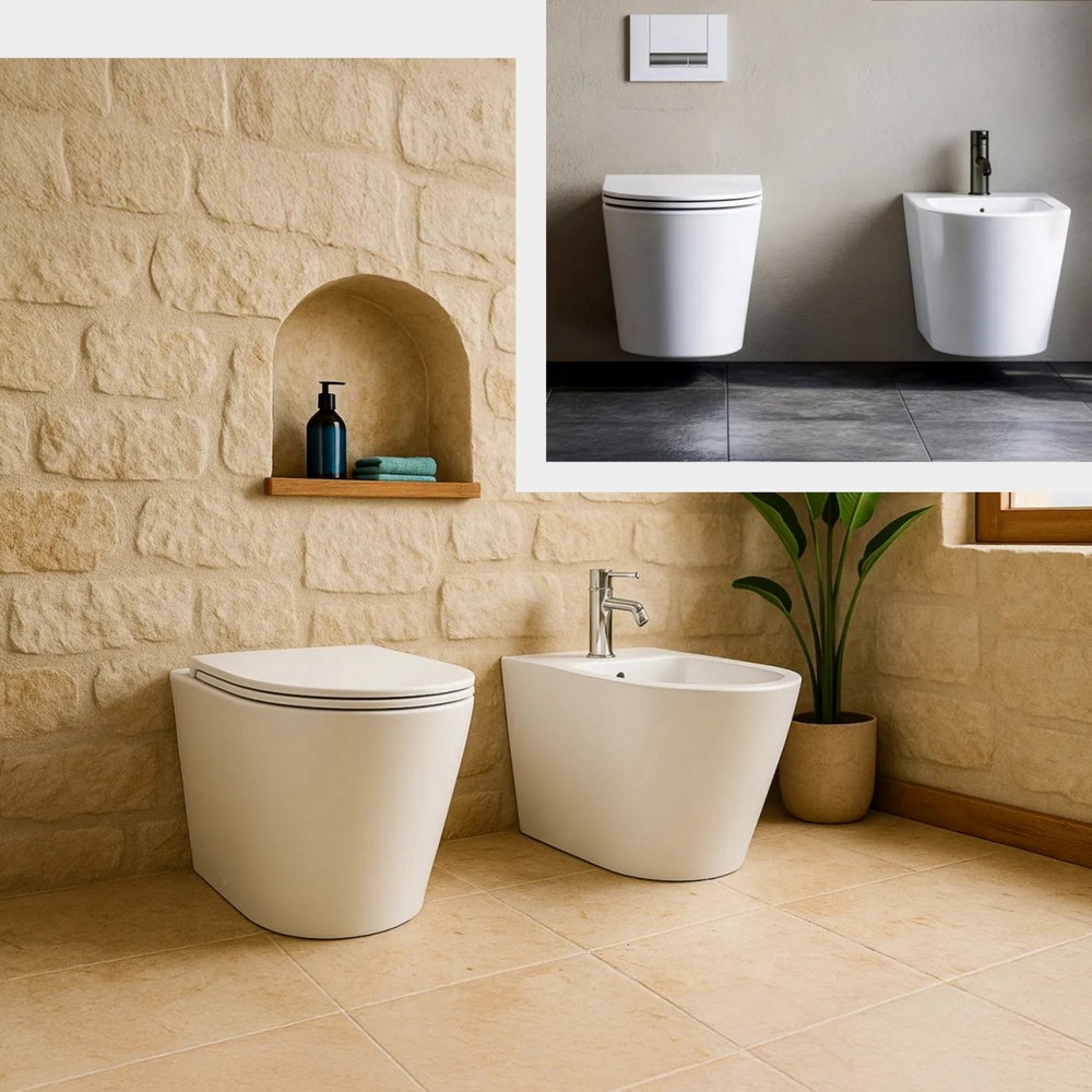 sanitari-storm-wc-bidet-a-terra-o-sospesi Wc e bidet modello Storm con copriwc softclose installazione sospesa o a terra filomuro