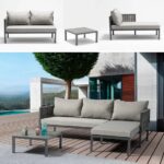 Cherry model outdoor set with double bench sofa and square coffee table including seat and back cushions