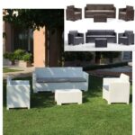 Outdoor sofa and armchairs composition Summer model with matching coffee table Faux-rattan furniture available in 3 colors