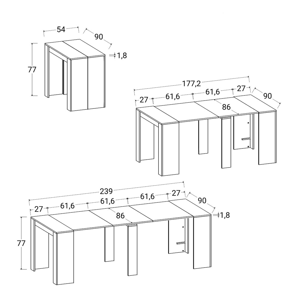 tavolo-consolle-allungabile-bianco-nero-rovere-scheda-tecnica 5-mode extendable living room table from 54 up to 239 cm in gray oak wood TV011