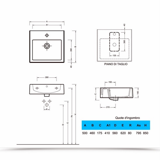 Rectangular wall-hung or countertop white ceramic sink 50 x 46 cm model LAV42