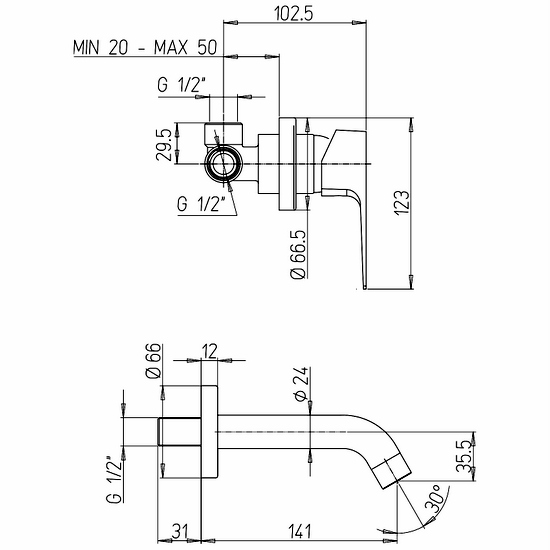 Rubinetteria Jacuzzi con leva del miscelatore monocomando ad incasso e canna da 14, 19 o 25 cm modello RB115