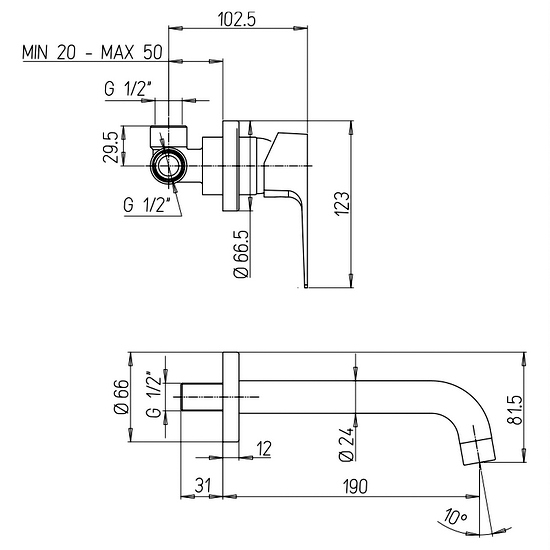 Jacuzzi faucet with singlelever recessed mixer lever and 14, 19 or 25