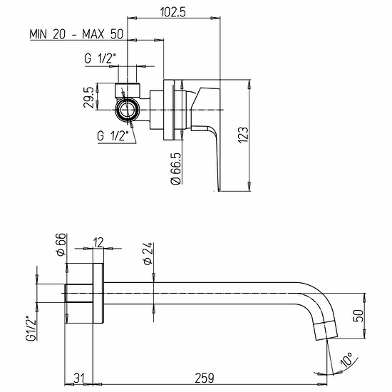 Rubinetteria Jacuzzi con leva del miscelatore monocomando ad incasso e canna da 14, 19 o 25 cm modello RB115