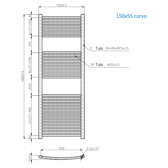Radiatore scaldasalviette lineare o curvo in due finiture 150 o 180 cm di altezza TEA003
