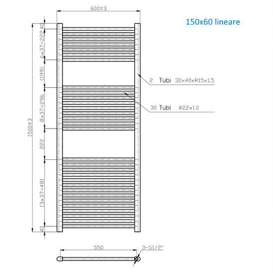 Radiatore scaldasalviette lineare o curvo in due finiture 150 o 180 cm di altezza TEA003