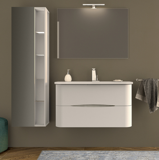 Arredo Bagno Angel angoli stondati da 80 o 100 cm disponibile nei colori bianco lucido o rovere soft lavandino mineralmarmo bianco opaco