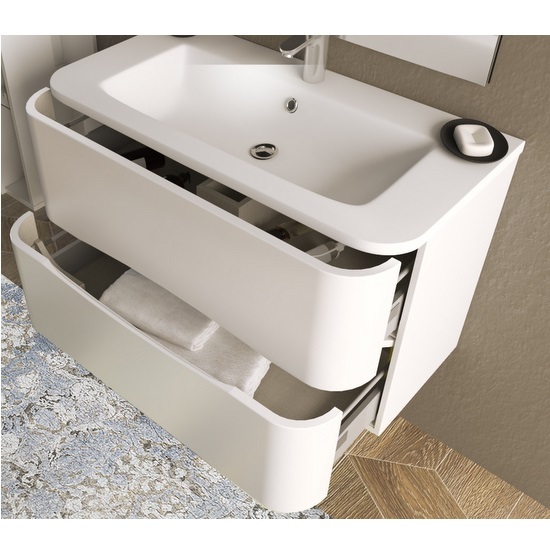 Arredo Bagno Angel angoli stondati da 80 o 100 cm disponibile nei colori bianco lucido o rovere soft lavandino mineralmarmo bianco opaco