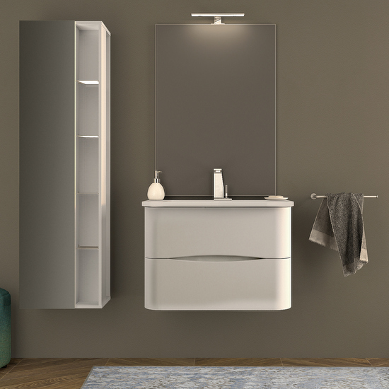 Arredo Bagno Angel angoli stondati da 80 o 100 cm disponibile nei colori bianco lucido o rovere soft lavandino mineralmarmo bianco opaco