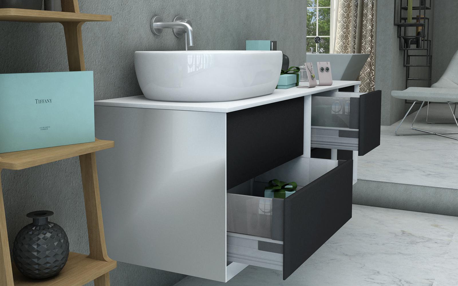 Arredo bagno moderno modello Best da 70 105 o 140x46 cm sospeso lavandino d'appoggio in bianco tabacco o grafite componibile