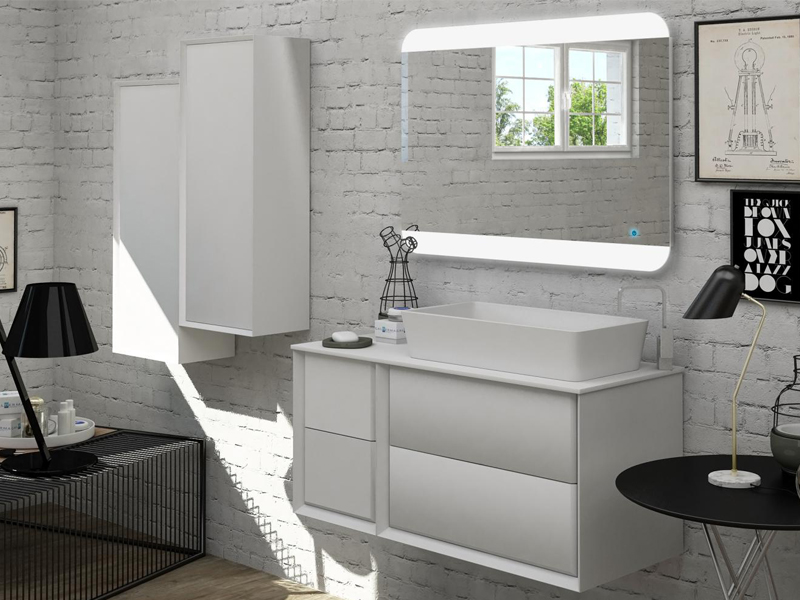 Arredo bagno moderno modello Best da 70 105 o 140x46 cm sospeso lavandino d'appoggio in bianco tabacco o grafite componibile