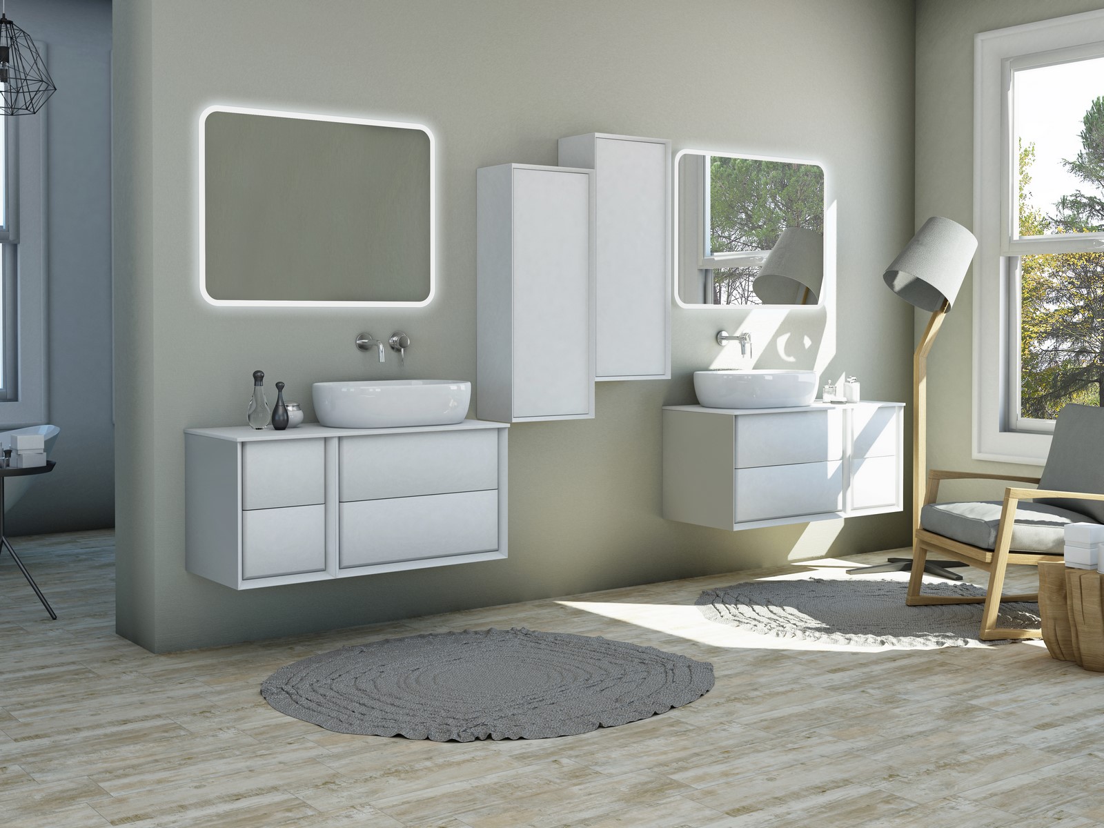 Arredo bagno moderno modello Best da 70 105 o 140x46 cm sospeso lavandino d'appoggio in bianco tabacco o grafite componibile