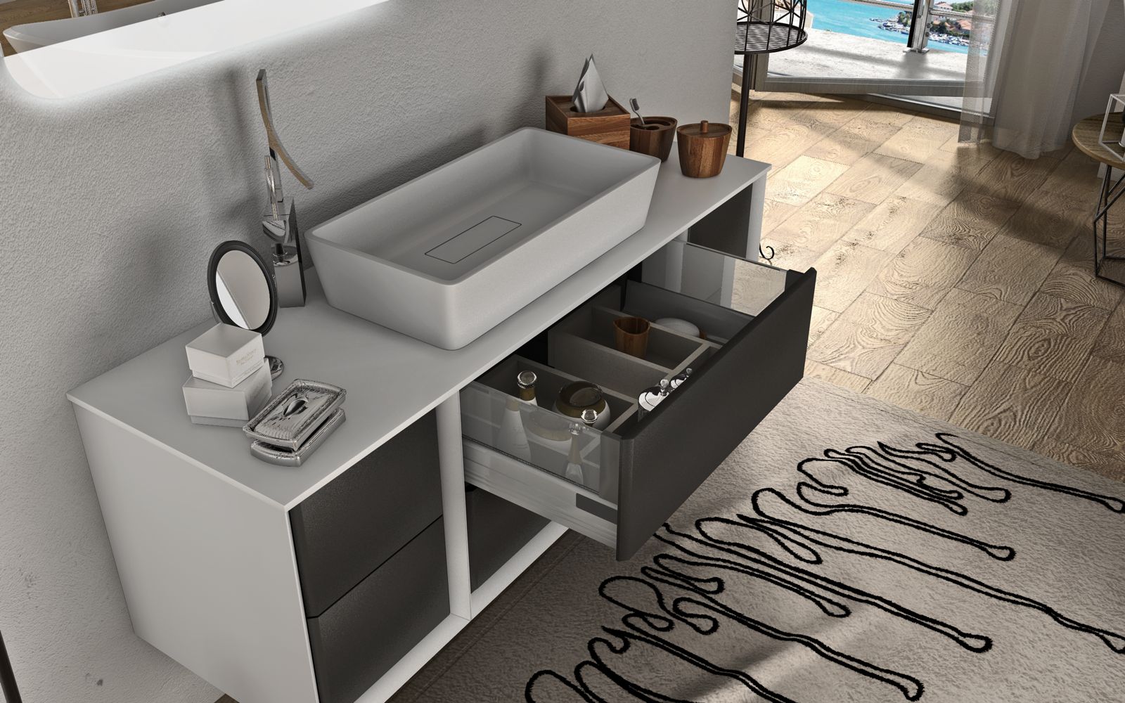 Arredo bagno moderno modello Best da 70 105 o 140x46 cm sospeso lavandino d'appoggio in bianco tabacco o grafite componibile