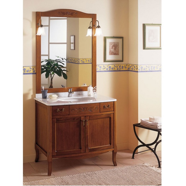 Mobile arredo bagno arte povera Zeta 90 o 116 cm con top in marmo, specchiera e applique inclusi