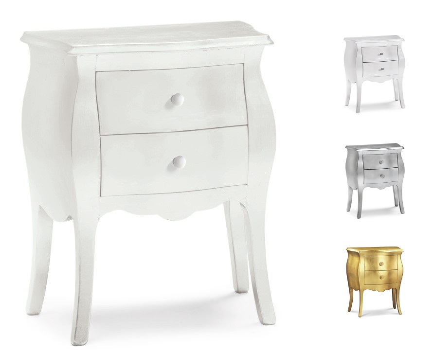 Arredo modello Rose Comoncino stondato 2 cassetti colore bianco opaco, argento e oro design moderno