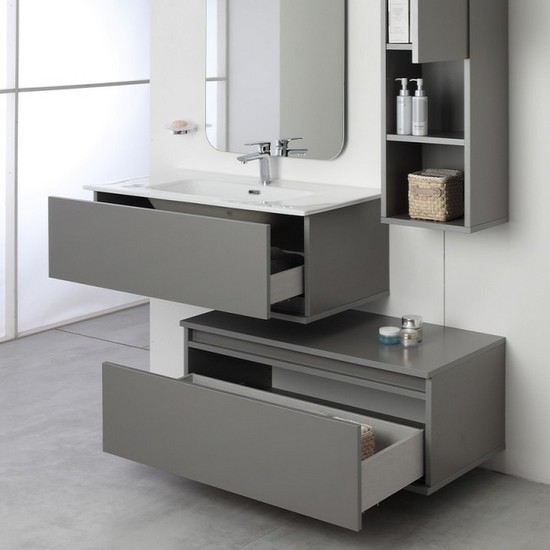 Suspended modern bathroom furniture model Maya cm90 in 2 colors with freestanding drawers and mirror